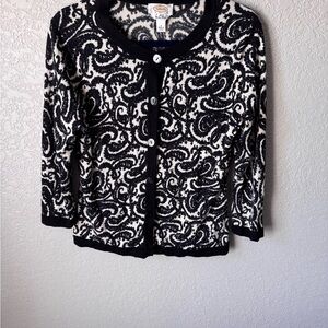 Talbots Black&Cream Paisley merino wool Cardigan L dark goth teacher academia